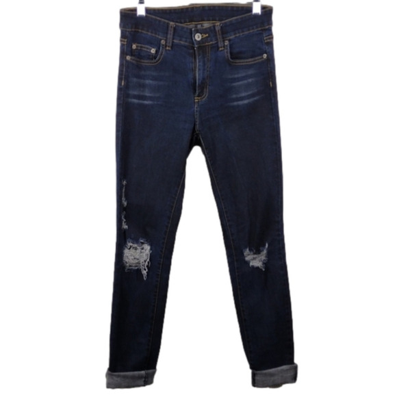 Carmar Blue Dark Wash Five Pocket Mid Rise Ripped Distressed Skinny Jeans - Picture 11 of 12